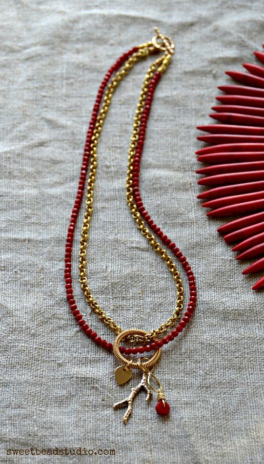 Nina Designs_Red + Gold necklace with bamboo charm by Cindy Wimmer